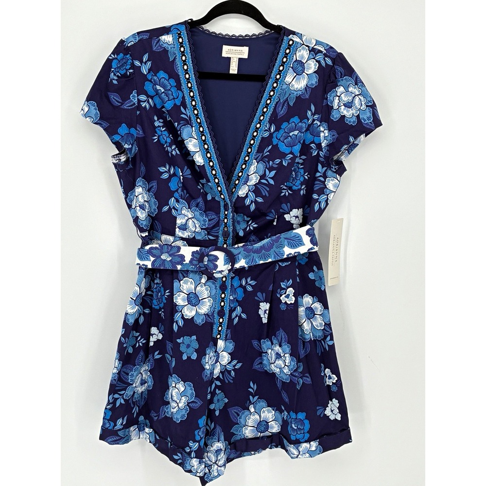 NWT Adrianna Papell Size 12 Blue Floral Belted Romper V Neck Cotton Pockets